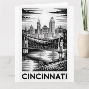 Cincinnati Ohio Skyline Black White Woodcut Card