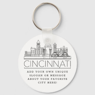 Cincinnati, Ohio Stylized Skyline   Custom Slogan Keychain