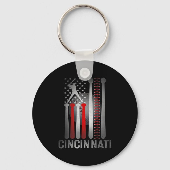 Cincinnati Retro Baseball Lover Us Flag Met At Gam Keychain (Front)