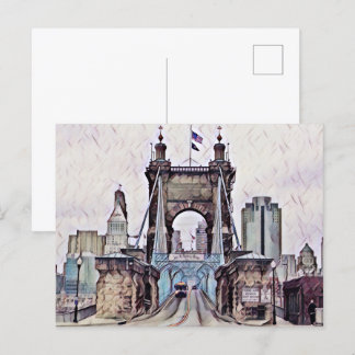 Cincinnati Roebling Suspension Bridge Watercolor Postcard