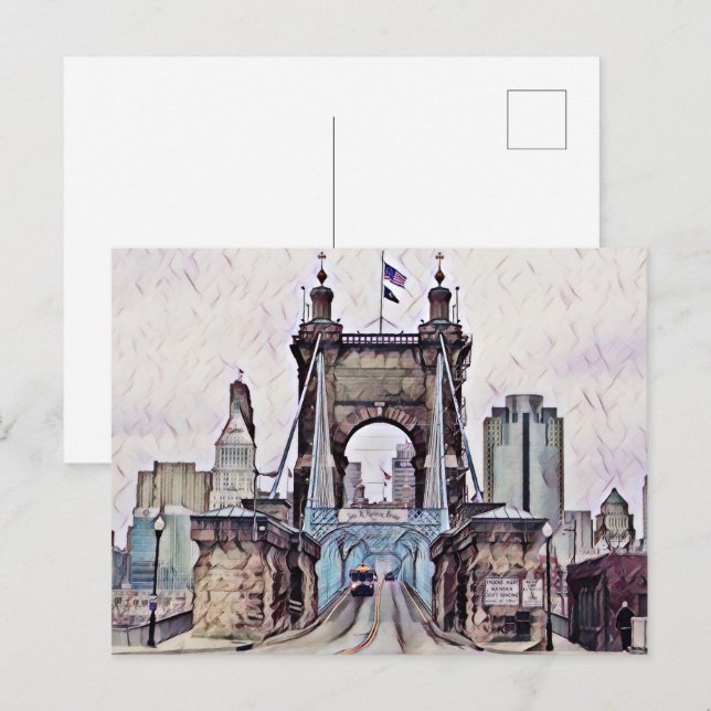 Cincinnati Roebling Suspension Bridge Watercolor Postcard (Front/Back)
