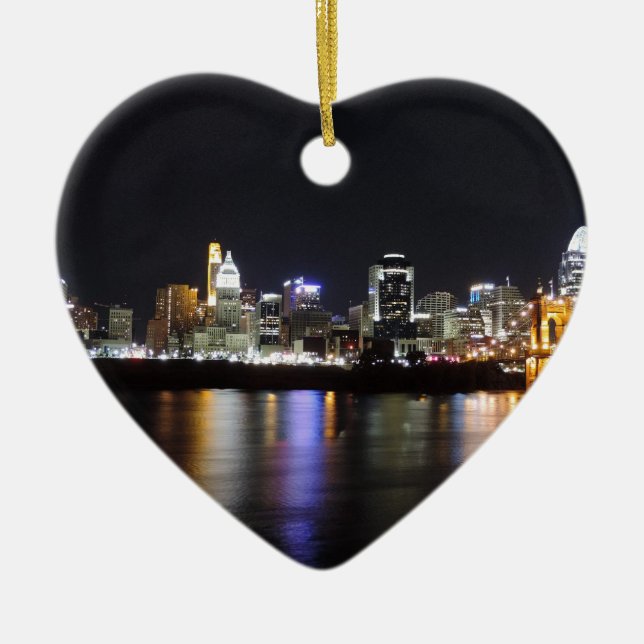 Cincinnati skyline at night ceramic ornament (Front)