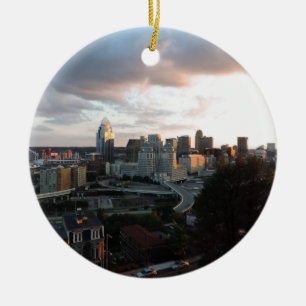 Cincinnati skyline at sunset ceramic ornament