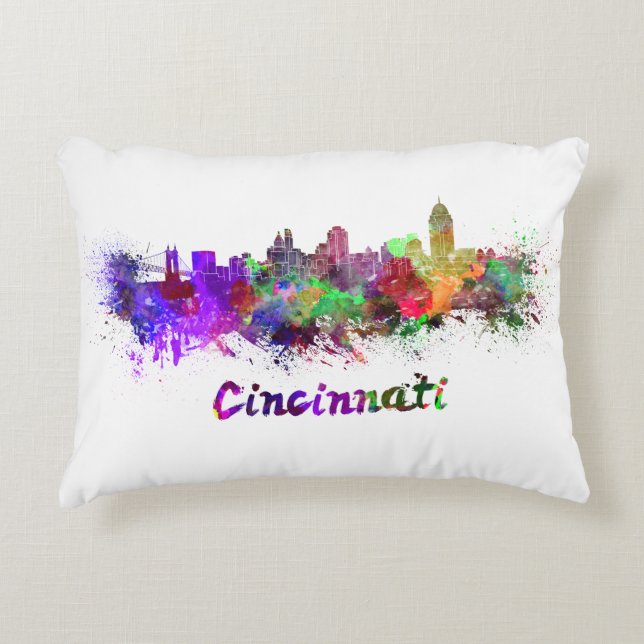 Cincinnati skyline in watercolor accent pillow (Front)