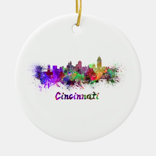 Cincinnati skyline in watercolor ceramic ornament (Front)