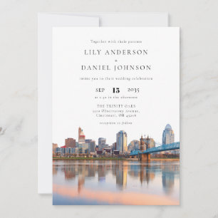 Cincinnati Skyline Watercolor QR Code Wedding Invitation