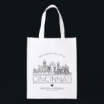 Cincinnati Wedding | Stylized Skyline Reusable Grocery Bag<br><div class="desc">A unique wedding bag for a wedding taking place in the beautiful city of Cincinnati,  Ohio. This bag features a stylized illustration of the city's unique skyline with its name underneath. This is followed by your wedding day information in a matching open lined style.</div>