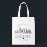 Cincinnati Wedding | Stylized Skyline Reusable Grocery Bag<br><div class="desc">A unique wedding bag for a wedding taking place in the beautiful city of Cincinnati,  Ohio. This bag features a stylized illustration of the city's unique skyline with its name underneath. This is followed by your wedding day information in a matching open lined style.</div>