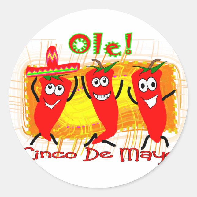 Cinco de Mayo 3 Dancing Chilli Peppers-Adorable Classic Round Sticker (Front)