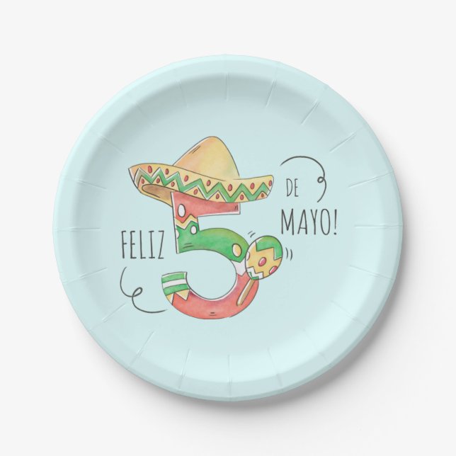 Cinco de Mayo #5 in Sombrero, Maracas Paper Plate (Front)
