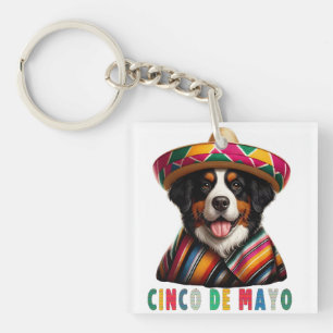 Cinco De Mayo Bernese Dog with Poncho And Sombrero Keychain