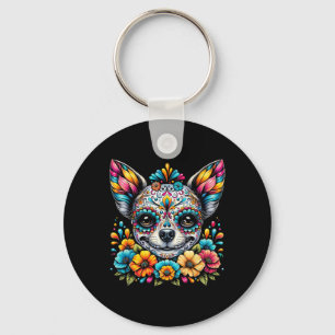 Cinco De Mayo Chihuahua Dog Sugar Skull Flower Keychain