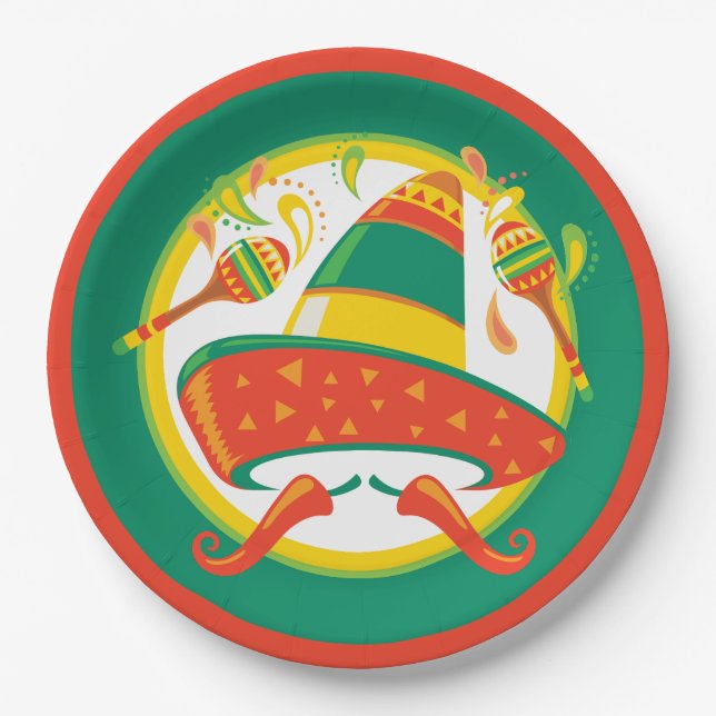 Cinco de Mayo Chili Peppers and Sombrero Paper Plate (Front)
