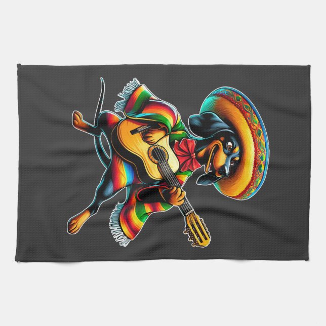 Cinco de Mayo Dachshund Mariachi Guitar Kitchen Towel (Horizontal)