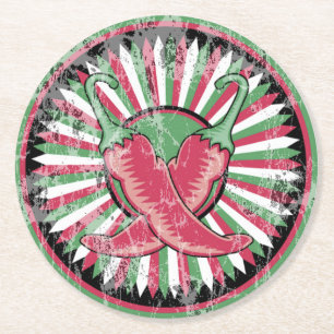 Cinco de Mayo Distressed Chili Peppers Round Paper Coaster
