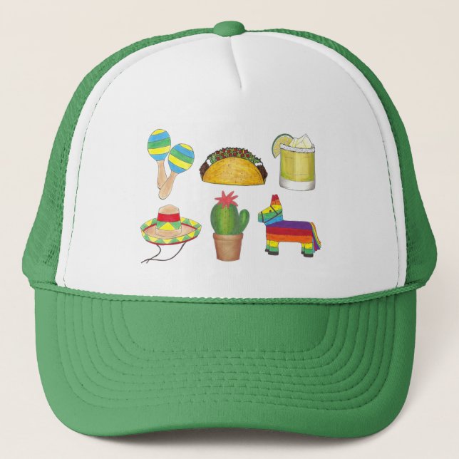 Cinco de Mayo Fiesta Pinata Taco Cactus Maracas Trucker Hat (Front)