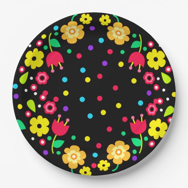 Cinco de Mayo Floral Folk Art and Maracas Paper Plate (Front)
