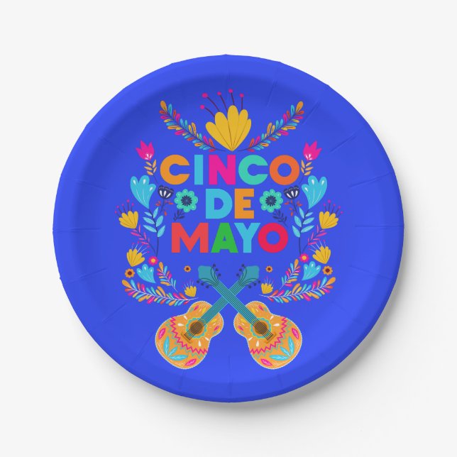Cinco De Mayo flowers and Guitars  Paper Plate (Front)