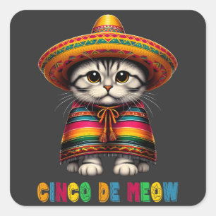  Cinco De Mayo Funny Mexican Cat Sombrero Meow Square Sticker