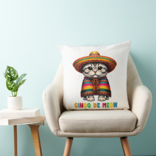 Cinco De Mayo Funny Mexican Cat Sombrero Meow Throw Pillow
