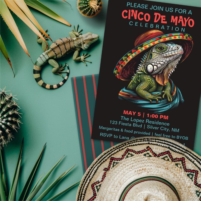 Cinco de Mayo Iguana Wearing Sombrero & Serape Invitation (Creator Uploaded)