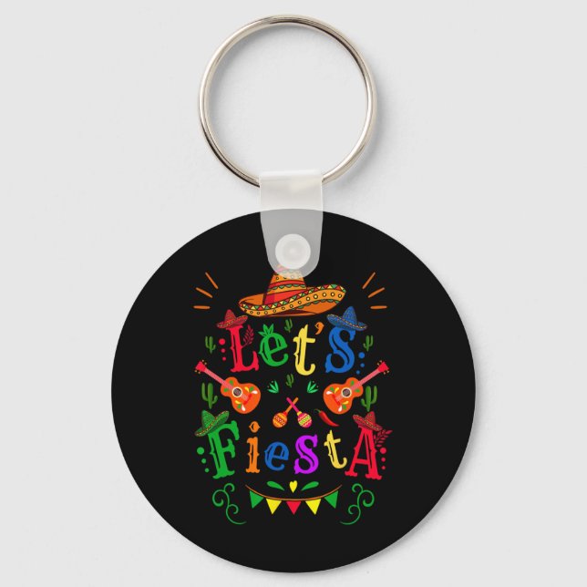 Cinco De Mayo Mexican Guitar Cactus Let's Fiesta  Keychain (Front)