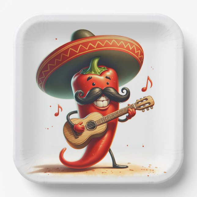 Cinco de Mayo Red Chili Pepper Musician Paper Plate (Front)