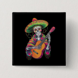 Cinco De Mayo Skeleton Skull Fiesta Guitar 2 Inch Square Button
