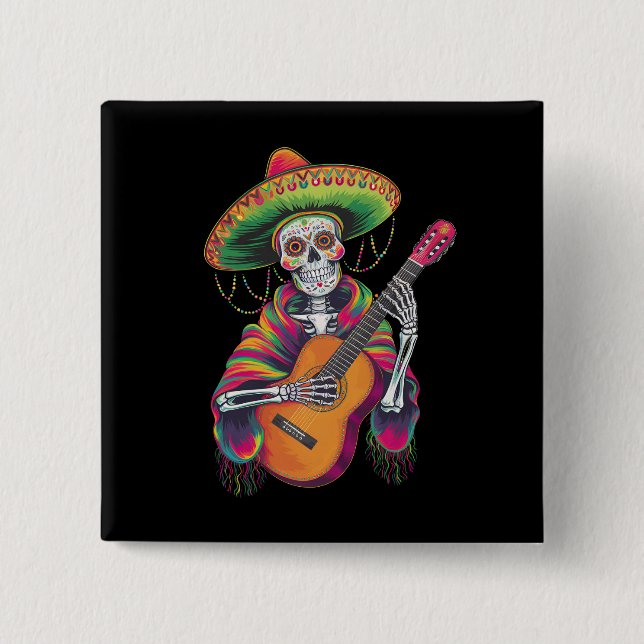 Cinco De Mayo Skeleton Skull Fiesta Guitar 2 Inch Square Button (Front)