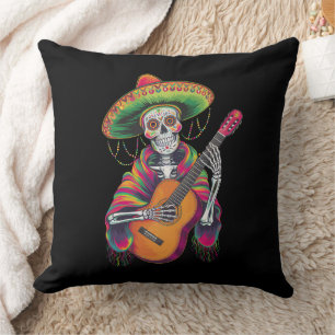 Cinco De Mayo Skeleton Skull Fiesta Guitar Throw Pillow