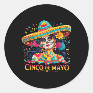 Cinco De Mayo Skull With Sombrero Women Girls Classic Round Sticker