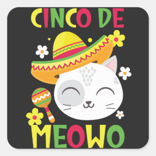 Cinco De Meowo, Colourful and playful Mexican cat Square Sticker