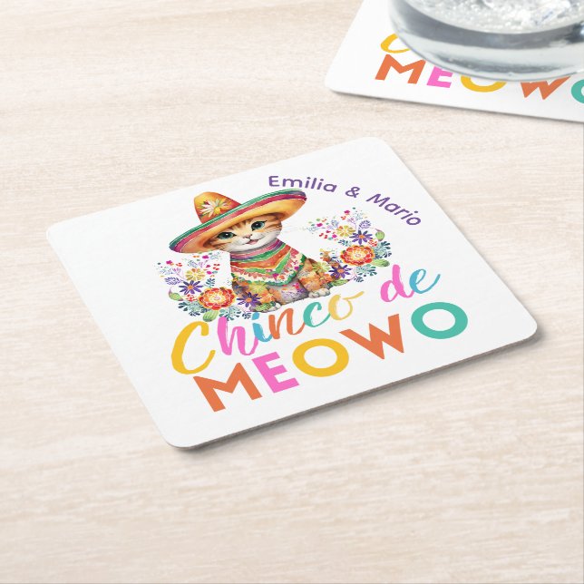 Cinco De Meowo Cute Cat Fiesta Party Custom Square Paper Coaster (Angled)