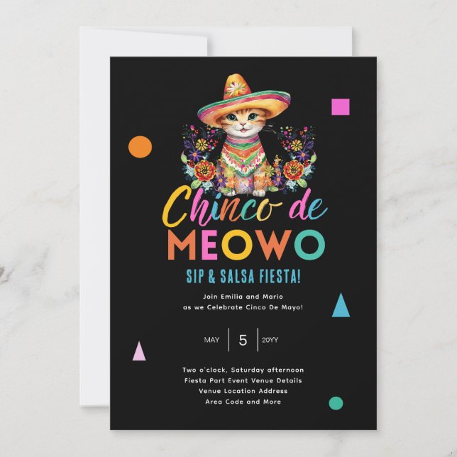 Cinco De Meowo Fun Cat Fiesta Party Time   Invitation (Front)