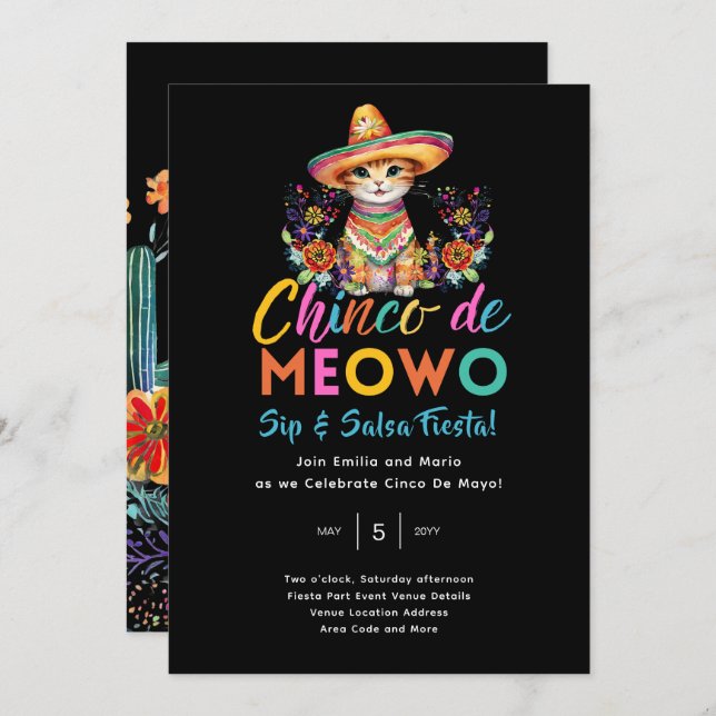 Cinco De Meowo Fun Cat Fiesta Party Time   Invitation (Front/Back)