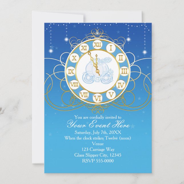 Cinderella Almost Midnight Blue Gold Invitations (Front)