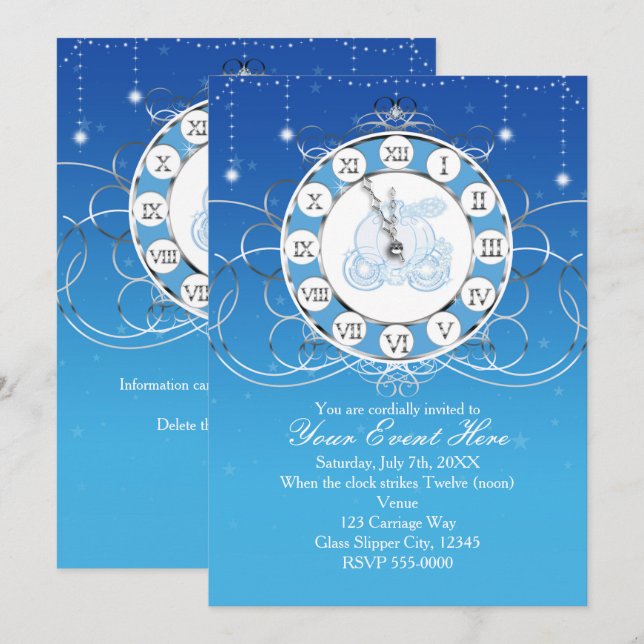 Cinderella Almost Midnight Silver Blue Invitation (Front/Back)