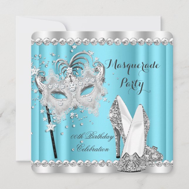 Cinderella Blue Masquerade Mask Heels Birthday Invitation (Front)