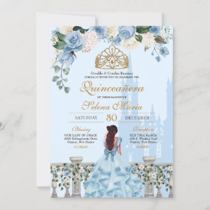 Cinderella Blue Rose & Gold Princess Quinceañera Invitation