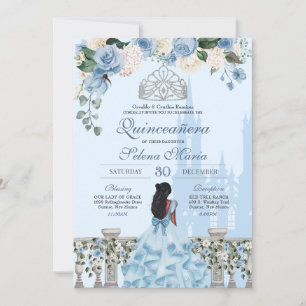 Cinderella Blue Rose Silver Princess Quinceañera Invitation
