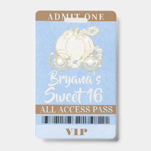 Cinderella Carriage Blue Gold Sweet 16 VIP Pass Badge