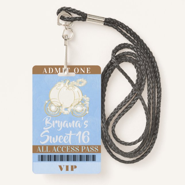 Cinderella Carriage Blue Gold Sweet 16 VIP Pass Badge (Front with Lanyard)