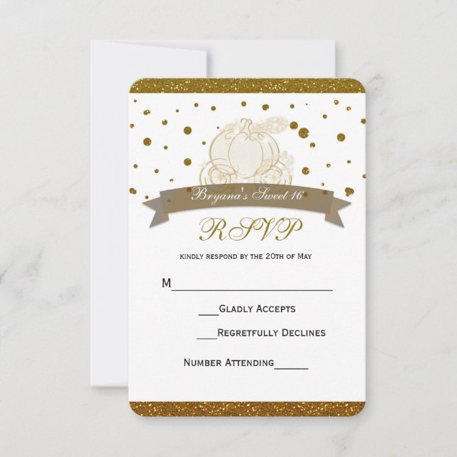 Cinderella Carriage Gold Glitter Dots RSVP Card (Front)