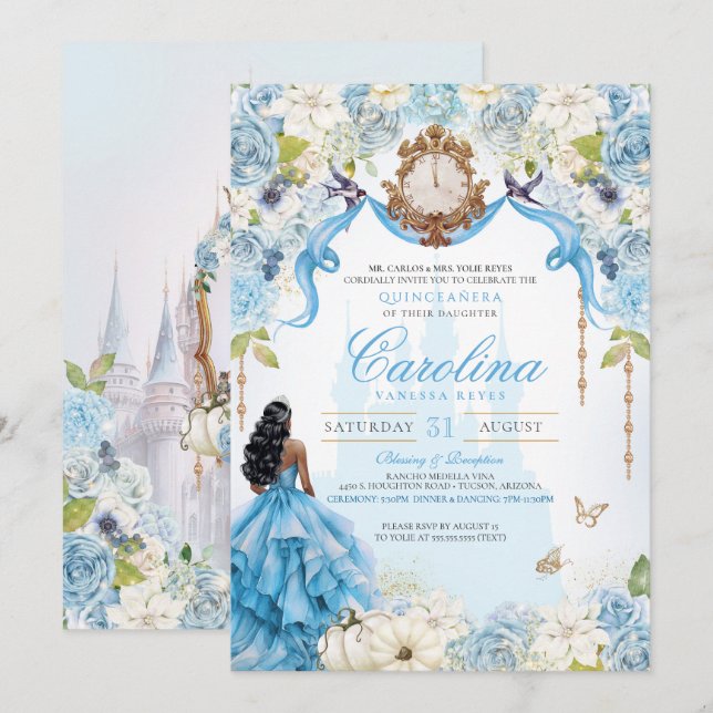 Cinderella Elegant Blue Rose Princess Quinceanera Invitation (Front/Back)