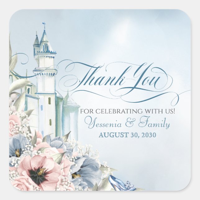Cinderella Fairy Tale Light Blue Pink Thank You Square Sticker (Front)