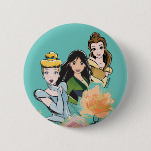 Cinderella, Mulan, & Belle Floral Illustration 2 Inch Round Button