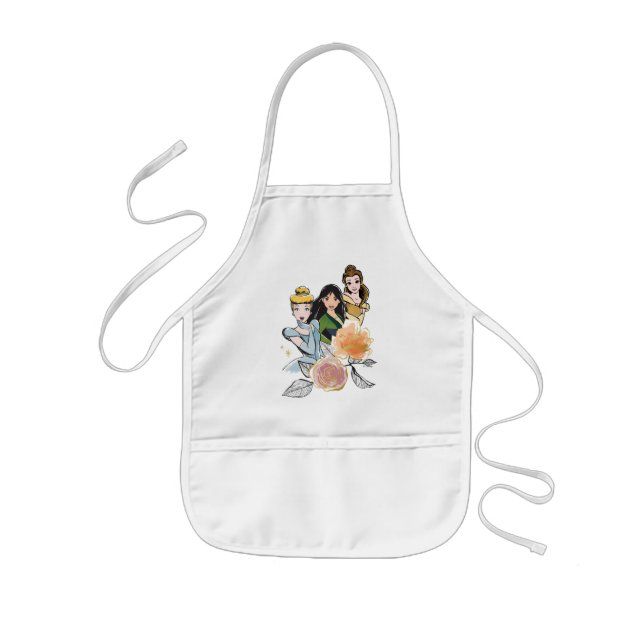 Cinderella, Mulan, & Belle Floral Illustration Kids Apron (Front)