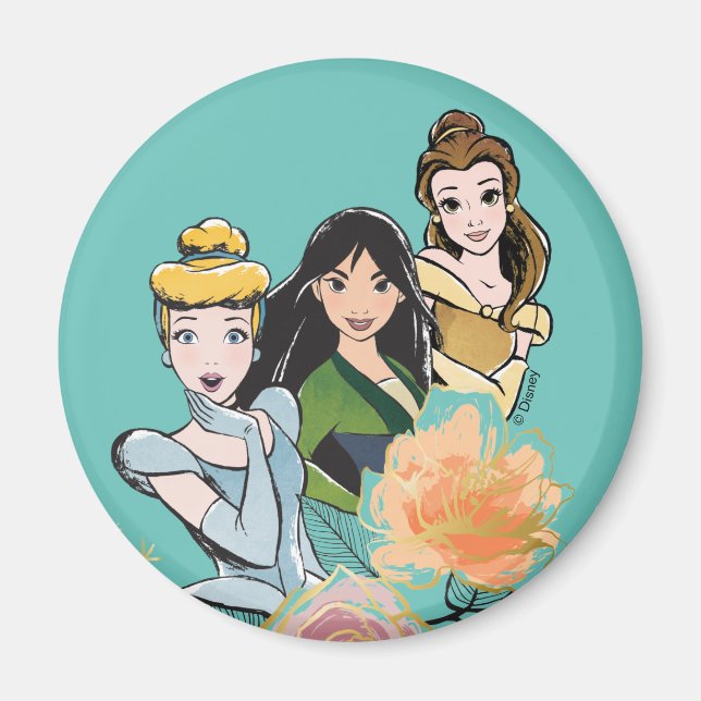Cinderella, Mulan, & Belle Floral Illustration Magnet (Front)