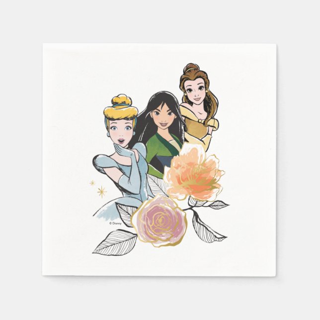 Cinderella, Mulan, & Belle Floral Illustration Napkin (Front)