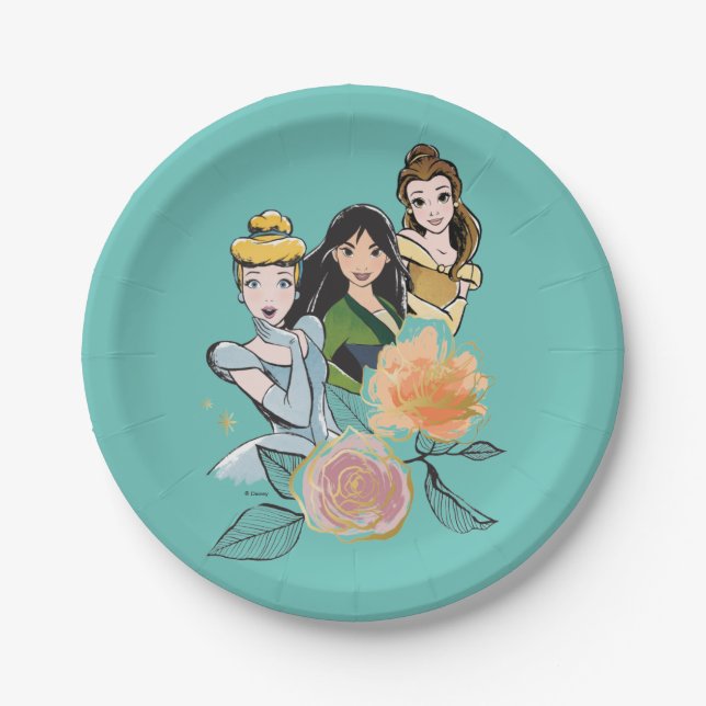 Cinderella, Mulan, & Belle Floral Illustration Paper Plate (Front)